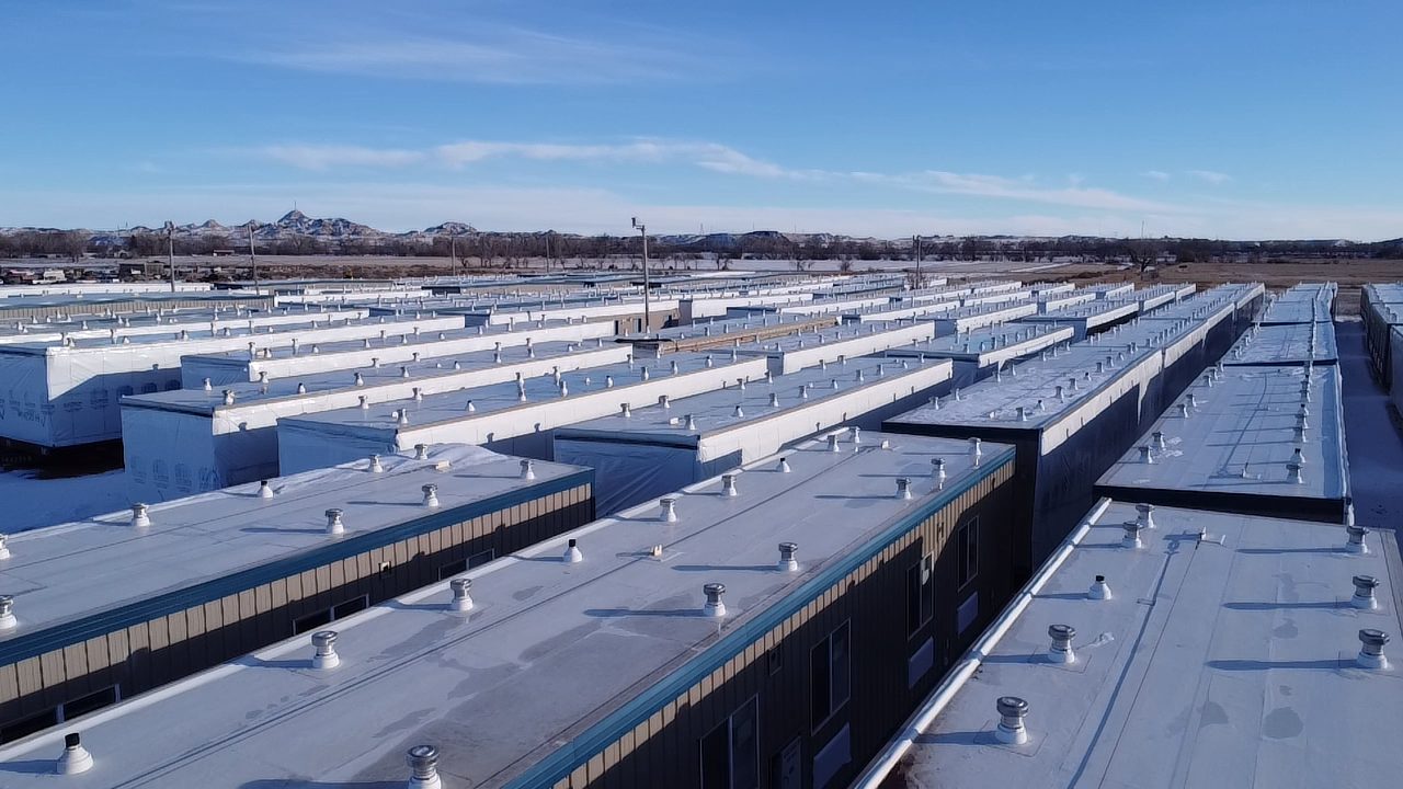 Yard — aerial down the rows of dorm modules
